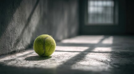 Tennis ball rests in sunlit corner of an old building