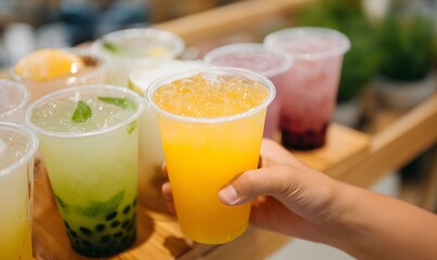 Fototapeta premium hand holding flavored drinks in plastic cup, Generative AI