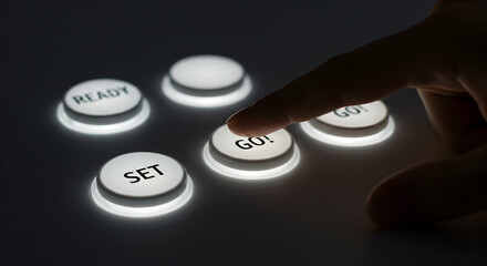 Ready set go button concept for business startup success and motivation finger pressing start button