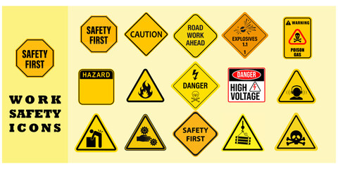 work safety icons, Clean and modern work safety icons covering PPE, hazard signs, emergency procedures, and industrial safety. Ideal for manuals, posters