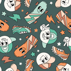 Seamless vector pattern with cute retro sport characters. Hand drawn skateboard background. EPS 10 vector file. Perfect for textile, wallpaper or nursery print design.