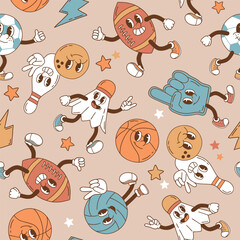 Seamless vector pattern with retro sport characters. Hand drawn ball game and racket sport illustration. EPS 10 vector file. Perfect for textile, wallpaper or nursery print design.