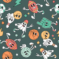Seamless vector pattern with retro sport characters. Hand drawn ball game and racket sport illustration. EPS 10 vector file. Perfect for textile, wallpaper or nursery print design.
