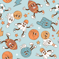Seamless vector pattern with retro sport characters. Hand drawn ball game and racket sport illustration. EPS 10 vector file. Perfect for textile, wallpaper or nursery print design.