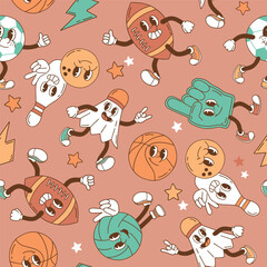 Seamless vector pattern with retro sport characters. Hand drawn ball game and racket sport illustration. EPS 10 vector file. Perfect for textile, wallpaper or nursery print design.