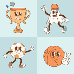 Retro vector sport characters. Hand drawn ball game and racket sport illustration. Perfect for sticker, tee shirt logo, greeting card, poster or nursery print design. EPS 10 vector file.