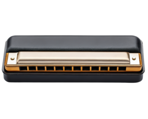 Classic harmonica in a black case with gold trim on a transparent background