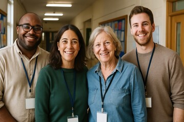 Diverse educators smiling together.