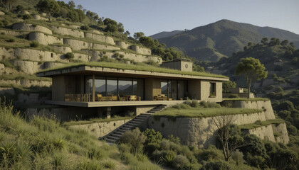 modern, eco friendly house with flat roof and large windows is nestled in lush, terraced hillside. structure blends seamlessly with natural landscape, offering serene and sustainable living space