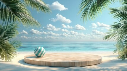 Obraz premium A wooden round platform displaying a striped turquoise ball by the calm ocean shoreline