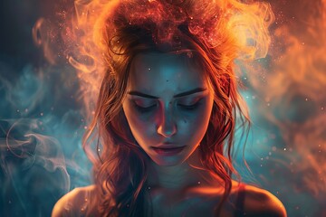 Woman feeling intense emotions with colorful smoke and glitter