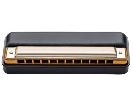 Classic harmonica in a black case with gold trim on a transparent background