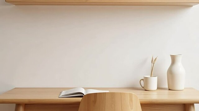 Minimalist home office setup ideas: desk decor, wooden furniture, shelf styling tips