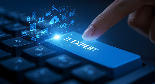 It expert pressing button on keyboard for cloud computing and cybersecurity solutions services support