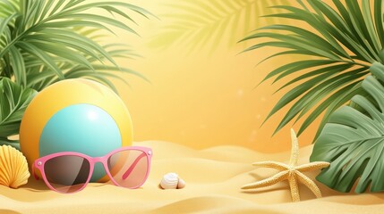 Beach ball, sunglasses, and starfish create a vivid summer beach under palm leaves