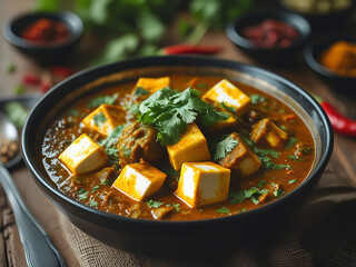 Close-up of Spicy Traditional Indian Curry in Black Bowl, Garnished with Fresh Cilantro – Authentic Home style Cuisine.