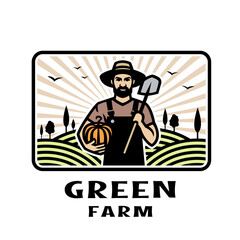 Farmer with a shovel and a pumpkin in his hands against the background of a farm.