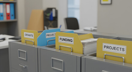 Managing project funding grants and projects in office filing cabinet for organization and efficiency