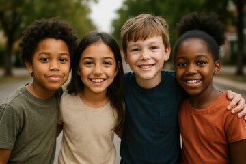Diverse children smiling together outdoors.