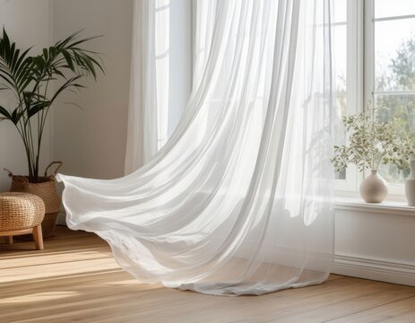 Sheer white curtain moves softly in the wind inside a Scandinavian living room.