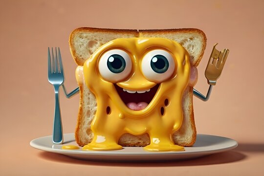 Playful 3D Cartoon Grilled Cheese Sandwich with Melting Cheese and Cheeky Smile