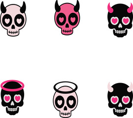 A fun collection of cartoon skulls featuring various expressions, including hearts, horns, and halos. This design is perfect for Halloween-themed projects