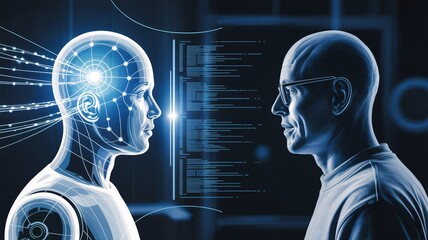 A futuristic human and robotic figure face each other, symbolizing the fusion of technology and humanity.