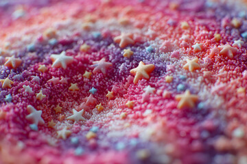 macro shot of a colorful surface covered in star-shaped and spherical sprinkles, The image could serve as inspiration for colorful, textured patterns in graphic design or art projects.