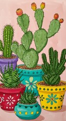 Illustration Of Various Cactus Plants In Colorful Pots Against Pink Background