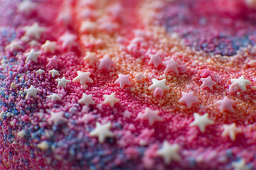 macro shot of a colorful surface covered in star-shaped and spherical sprinkles, The image could serve as inspiration for colorful, textured patterns in graphic design or art projects.