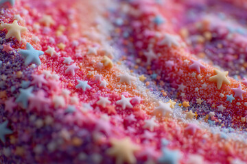 macro shot of a colorful surface covered in star-shaped and spherical sprinkles, The image could serve as inspiration for colorful, textured patterns in graphic design or art projects.