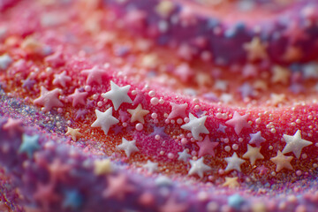 macro shot of a colorful surface covered in star-shaped and spherical sprinkles, The image could serve as inspiration for colorful, textured patterns in graphic design or art projects.