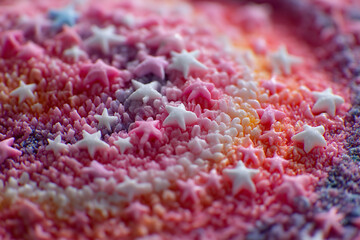 macro shot of a colorful surface covered in star-shaped and spherical sprinkles, The image could serve as inspiration for colorful, textured patterns in graphic design or art projects.
