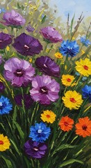 Impasto Floral Painting of Colorful Blossoms in a Field Illustration