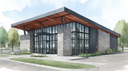 Obraz premium Modern architecture Stone building with wood canopy and glass windows.
