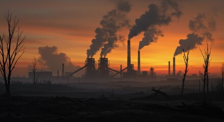 Industrial Landscape Silhouette At Sunset With Smoke And Orange Sky Photo