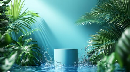 Blue cylinder stands amidst tropical foliage and splashing water under a soft teal studio light