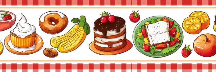 Glossy Food Sticker Illustrations Displayed on a Tablecloth With a White Margin Showcasing Sweet and Savory Treats