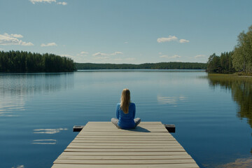 Mindful breathing by a serene lake during a sunny day