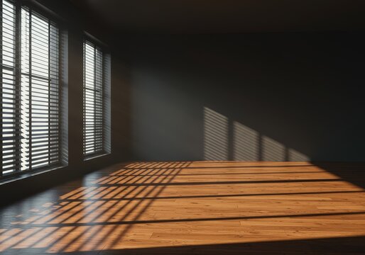 Interior Photo of Empty Room With Sunlight Through Window Blinds and Wooden Floor - Powered by Adobe