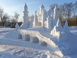 snow sculptures of famous landmarks created in the middle of a winter park, Generative AI