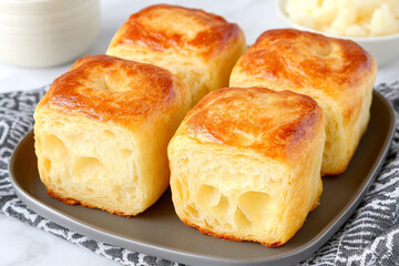 Scone with an irregular shape on a gray plate, ready to be served at a cozy cafe setting in the morning