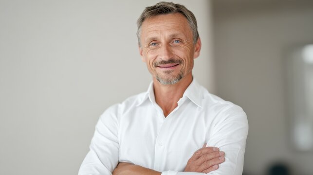 Confident businessman smiling with crossed arms in office setting