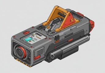 Fototapeta premium Isometric Illustration Of A Detailed Gray And Orange Mechanical Machine Design