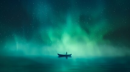 Mystical night scene, lone boat on tranquil water under vibrant aurora borealis.  Conveys solitude, wonder, exploration, and dreams.