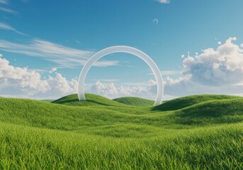 Green field with white arch under a blue sky isolated on white background