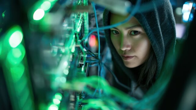 Hacker accessing server room, connecting cables and breaking into system