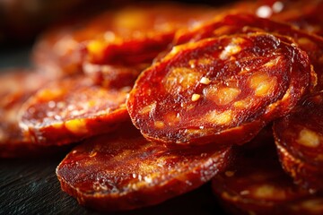 Obraz premium Macro shot of cured chorizo sausages on wooden board food photography gourmet culinary scene