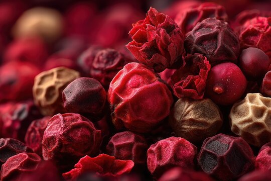 Macro shot of crushed pink peppercorns kitchen food photography bright environment close-up view culinary detail