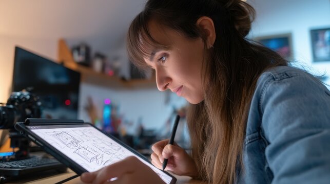 Female designer drawing storyboard on tablet in home studio